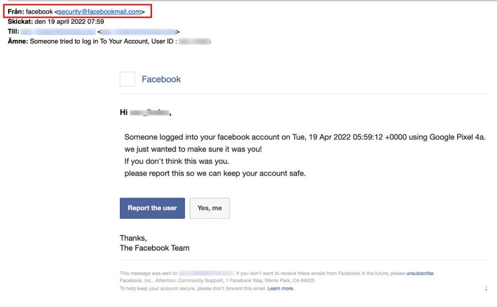 Facebook-bluff: Det falska mailet är snarlikt Facebooks egna.