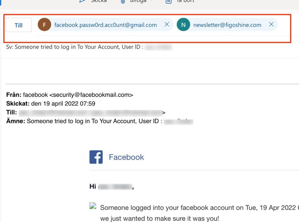 Facebook-bluff: Bakom avsändaradressen gömmer sig bedragarnas riktiga mejladresser.