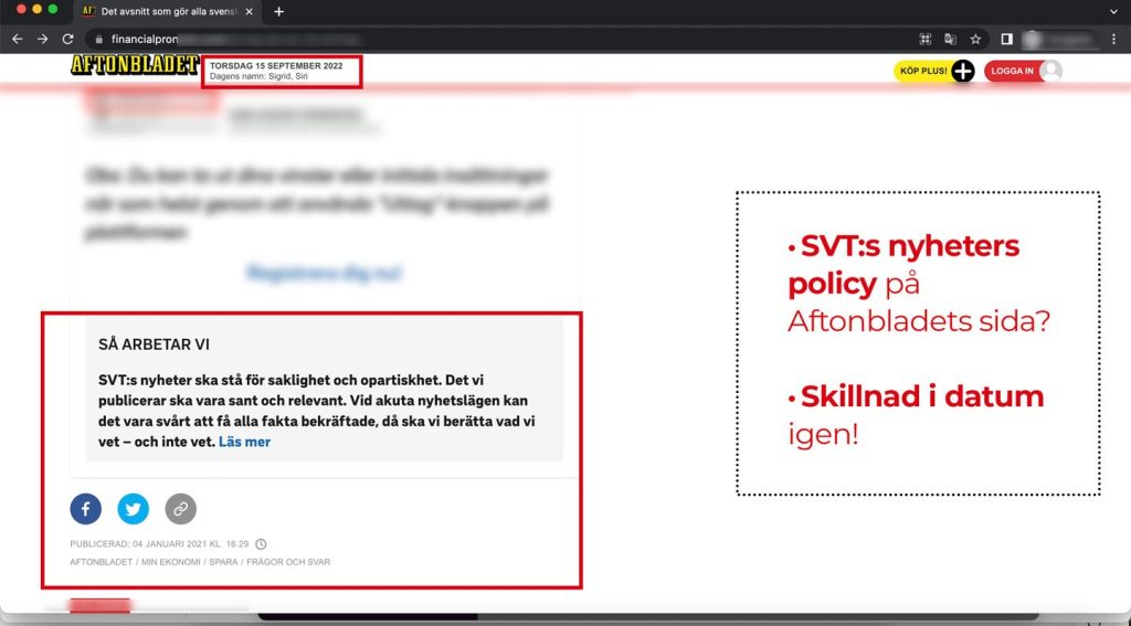SVT Nyheters policy inklippt på den falska sidan.